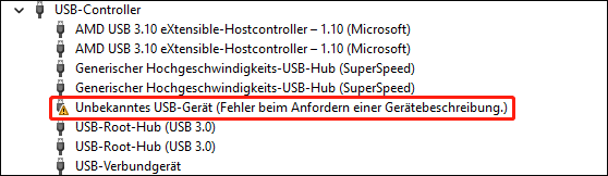 Die Fehlermeldung Unbekanntes USB-Gerät (Fehler beim Anfordern einer Gerätebeschreibung) in Geräte-Manager