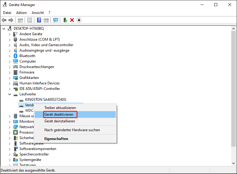 Erweitern Sie die entsprechende Kategorie und suchen Sie Ihr USB-Gerät. Klicken Sie dann mit der rechten Maustaste darauf und wählen Sie Gerät deaktivieren.