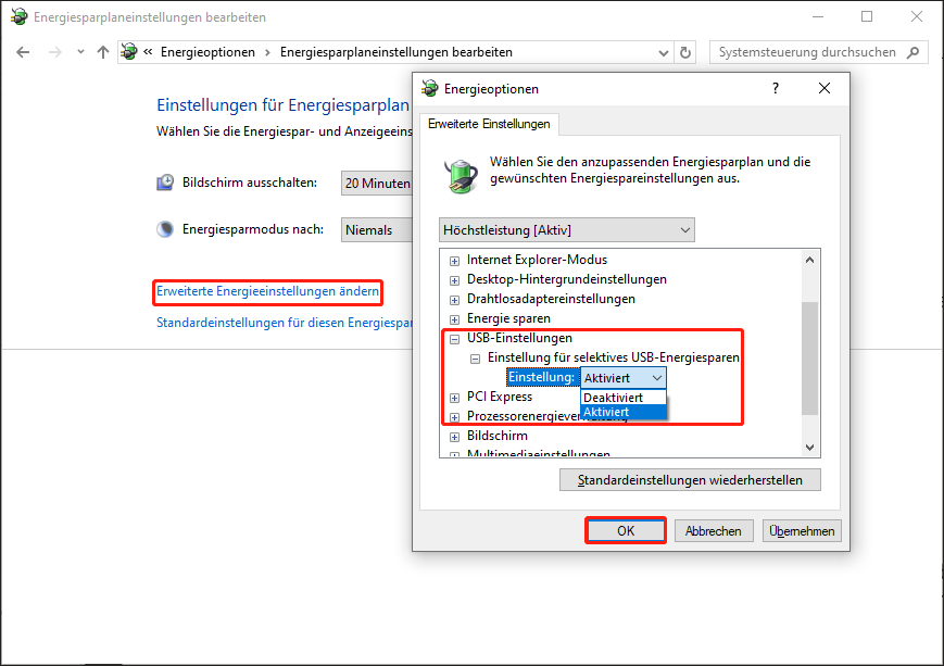Wählen Sie die Option Deaktiviert unter dem Tab USB-Einstellung in Energieoptionen