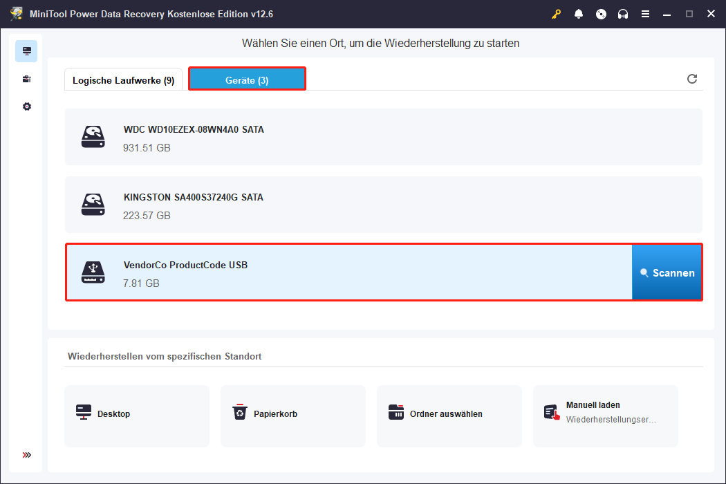 Wechseln Sie zum Tab Geräte, um das gesamte Laufwerk zu scannen.
