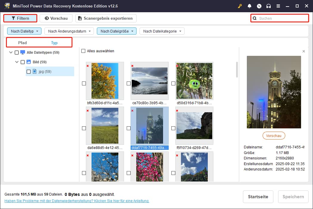 In MiniTool Power Data Recovery können Sie die Funktionen Filtern, Suchen, Pfad und Typ verwenden, um Dateien schneller zu finden.