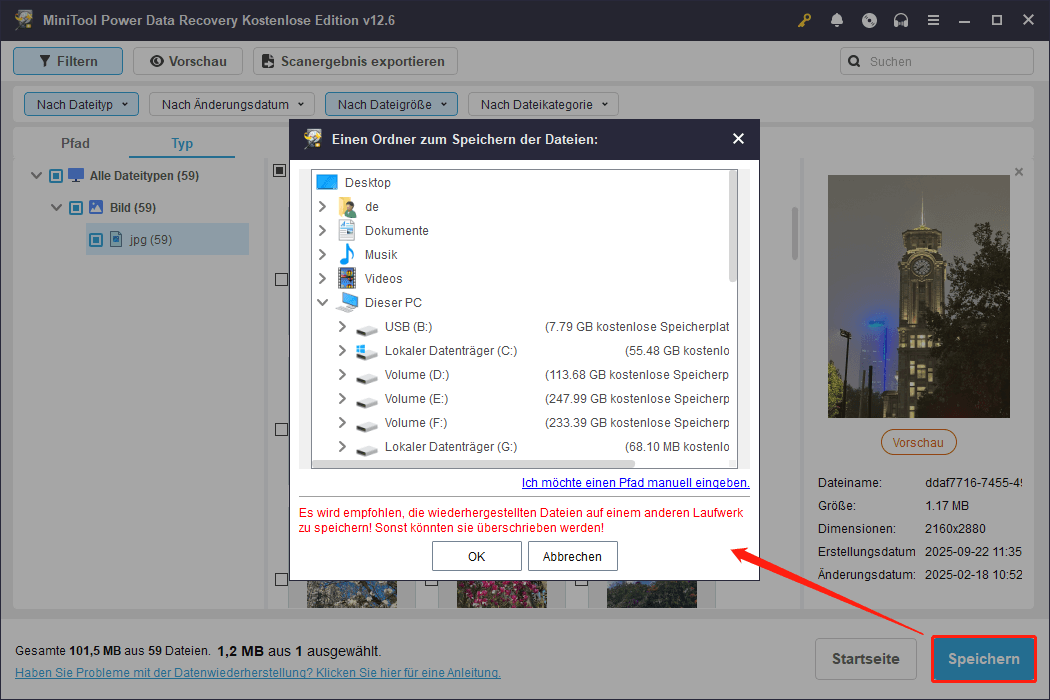 Markieren Sie die wiederherzustellenden Dateien, und klicken Sie auf die Schaltfläche Speichern, um die Dateien zu speichern.