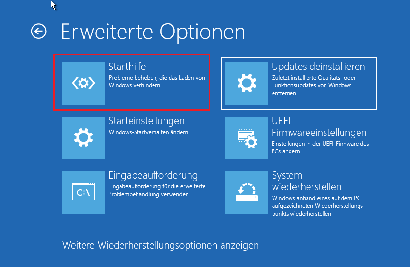 Klicken auf Starthilfe im Fenster Erweiterte Optionen.