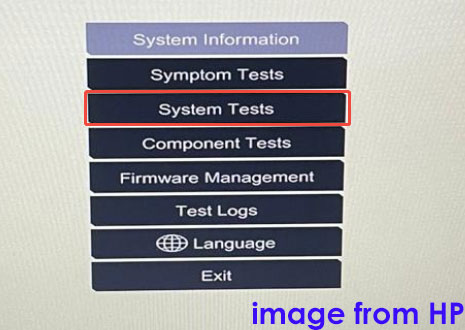 Auswahl der Option „System Tests“ zum Durchführen von HP-Systemtests.