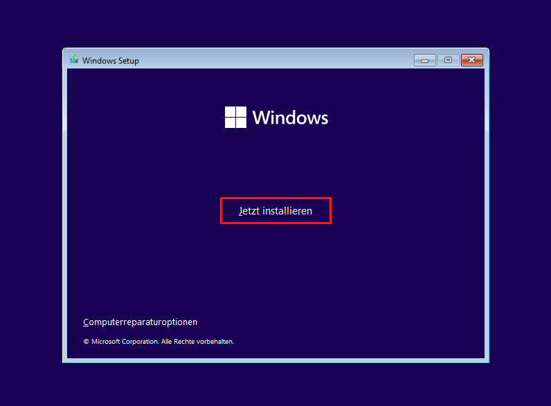 Auswahl der Option Jetzt installieren beim Windows Setup.