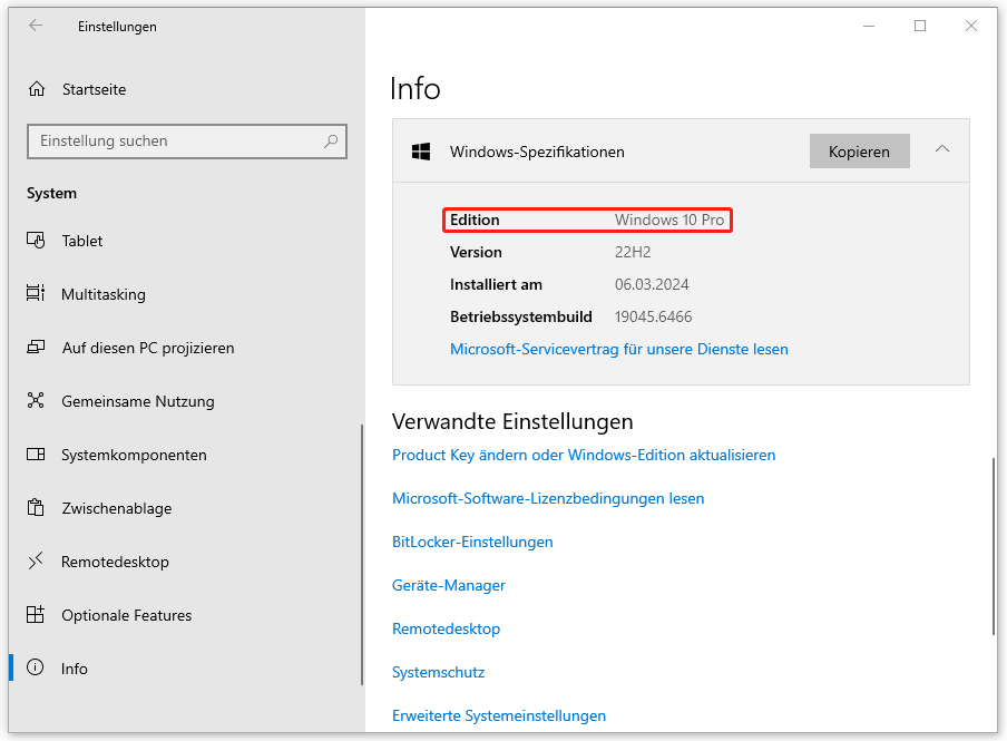Markierung der Windows-Edition in den Windows-Einstellungen.