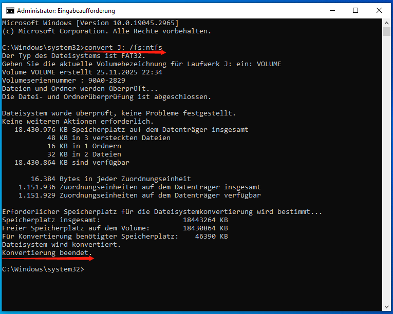 Ausführen des Befehls convert J: /fs:ntfs in der Eingabeaufforderung.