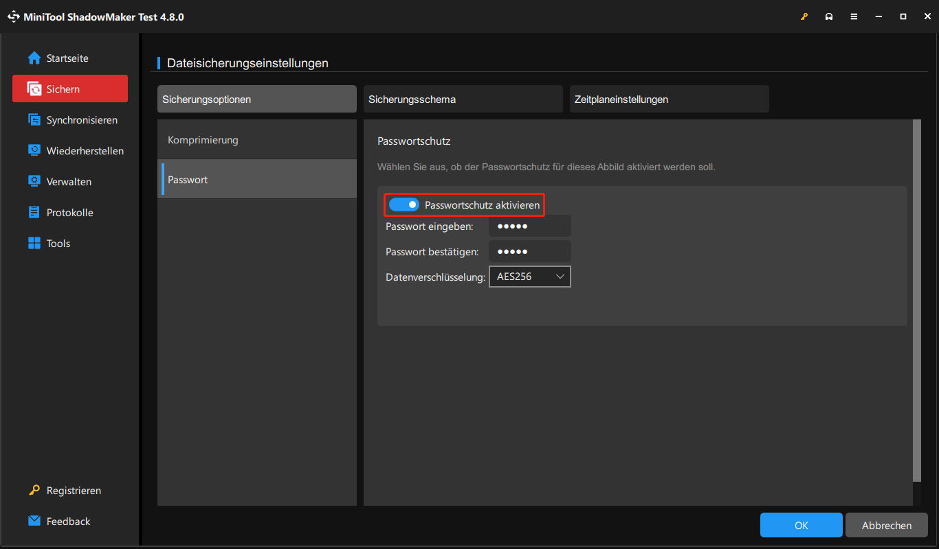 Markierung der Funktion Passwortschutz aktivieren in MiniTool ShadowMaker.