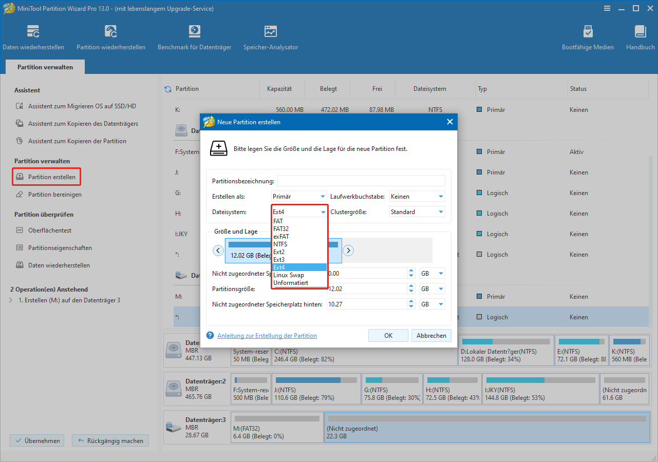Ext4-Partition in MiniTool Partition Wizard erstellen