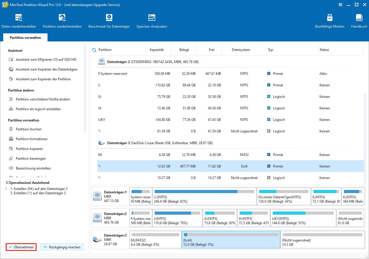 In MiniTool Partition Wizard auf Übernehmen klicken