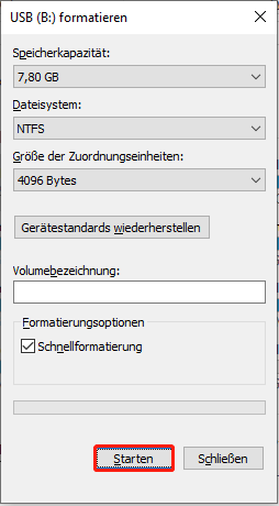 Im Datei-Explorer setzen Sie ein Häkchen bei Schnellformatierung und klicken Sie auf Starten