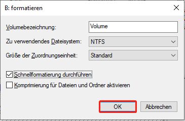 Formatieren Sie das Laufwerk mit der Datenträgerverwaltung