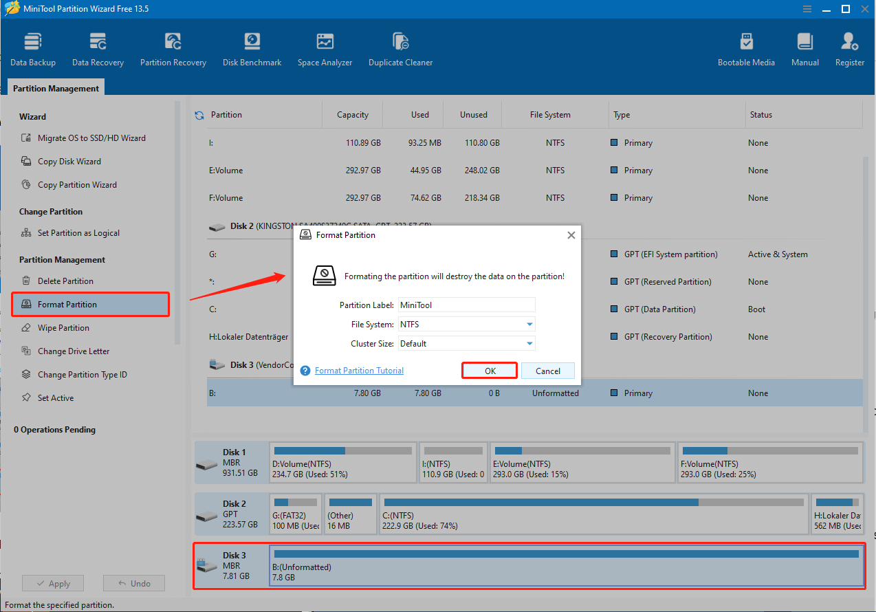 Formatieren Sie das Laufwerk mit MiniTool Partition Wizard