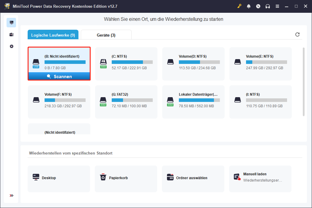 Finden Sie Ihr Ziel-Laufwerk und bewegen Sie den Mauszeiger über das Laufwerk und klicken Sie auf Scannen