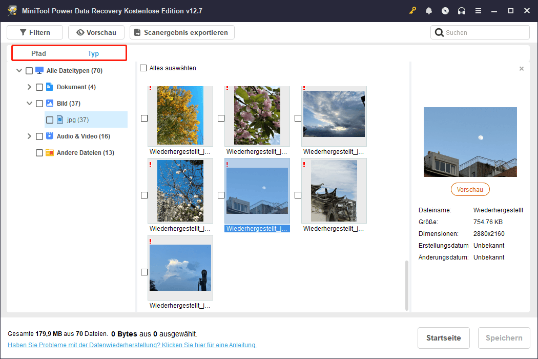 Verwenden Sie die Funktionen Typ und Pfad in MiniTool Data Recovery