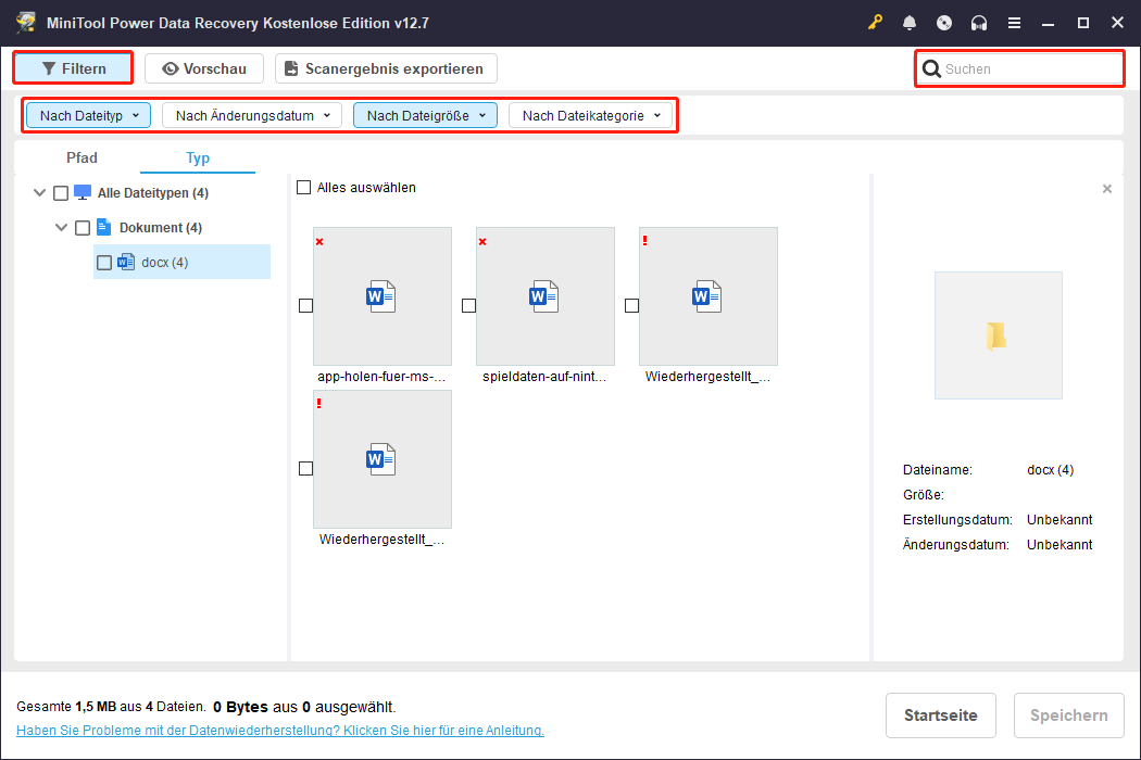 Verwenden Sie die Funktion Filtern und Suchen in MiniTool Data Recovery