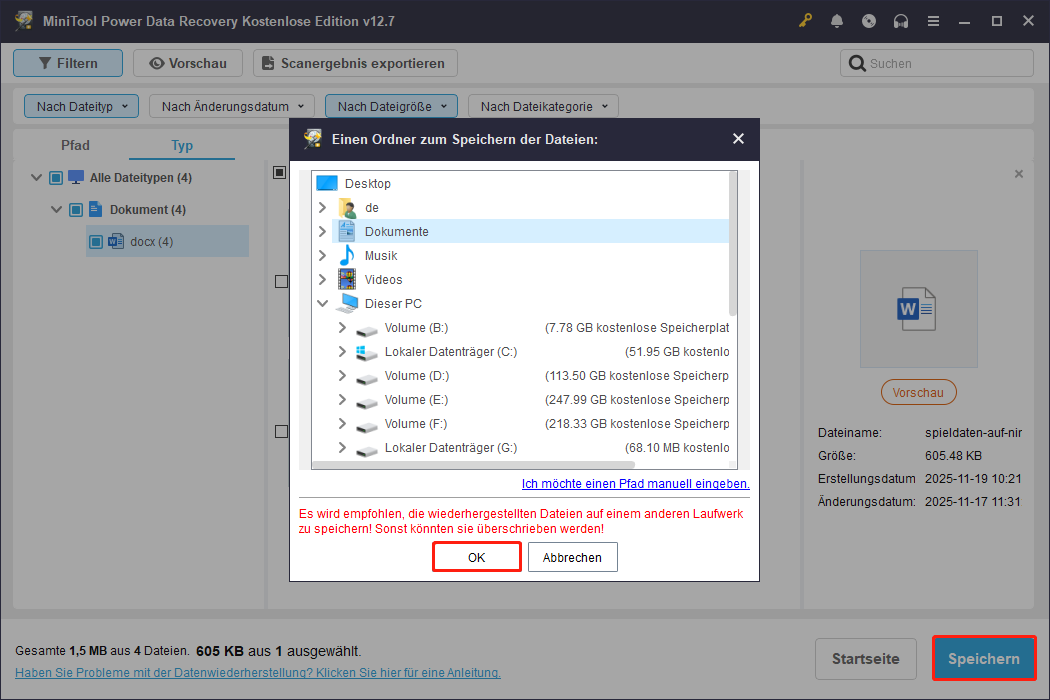 Klicken Sie auf Speichern und wählen Sie einen Speicherort aus