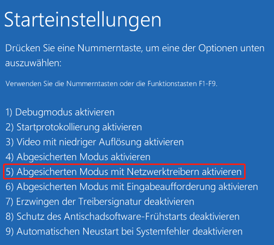 Ausgewählte Option Abgesicherten Modus mit Netzwerk aktivieren in den Windows-Starteinstellungen.