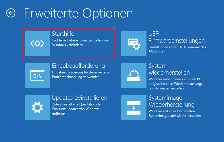 Ausgewählte Option Starthilfe im Fenster Erweiterte Optionen.
