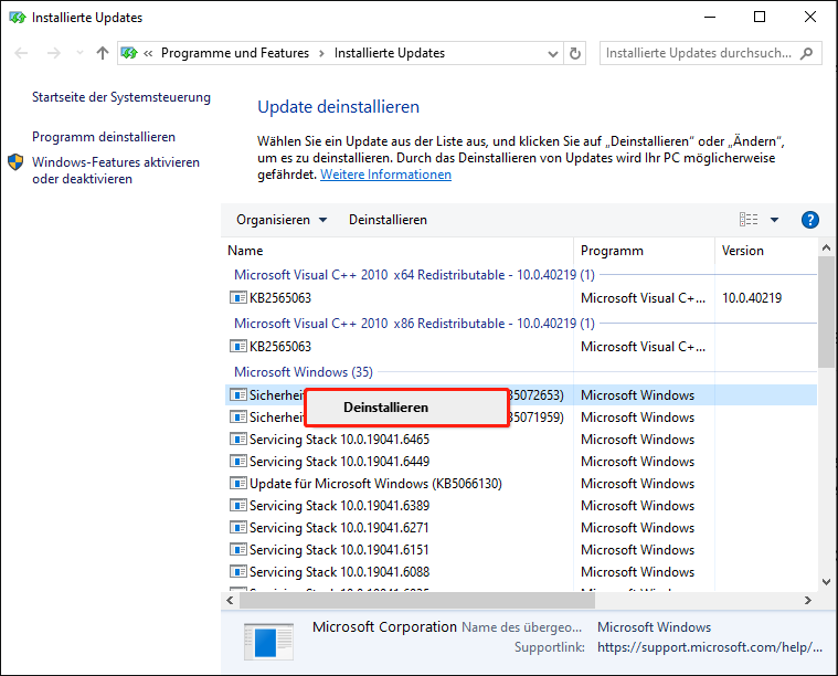 Auswahl der Schaltfläche Deinstallieren im Fenster Updates deinstallieren.