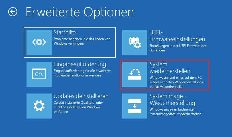 Auswahl der Option System wiederherstellen im Fenster-WinRE.