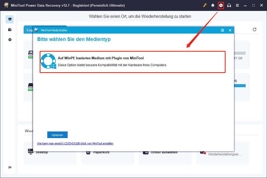 Verwendung des Media Builders zur Erstellung eines Bootable Media Builder in MiniTool Power Data Recovery.