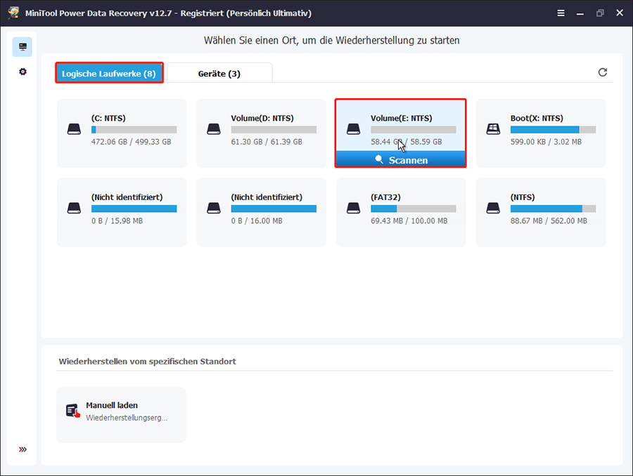Auswahl der Festplatte im Tab Logische Laufwerke in MiniTool Power Data Recovery.