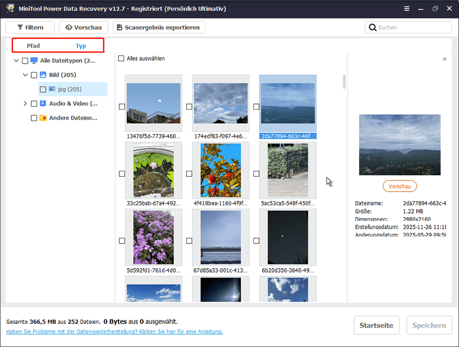 Die Funktion Pfad und Typ in MiniTool Power Data Recovery.