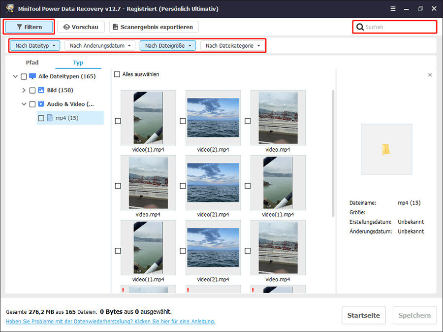 Die Funktion Filtern und Suchen in MiniTool Power Data Recovery.
