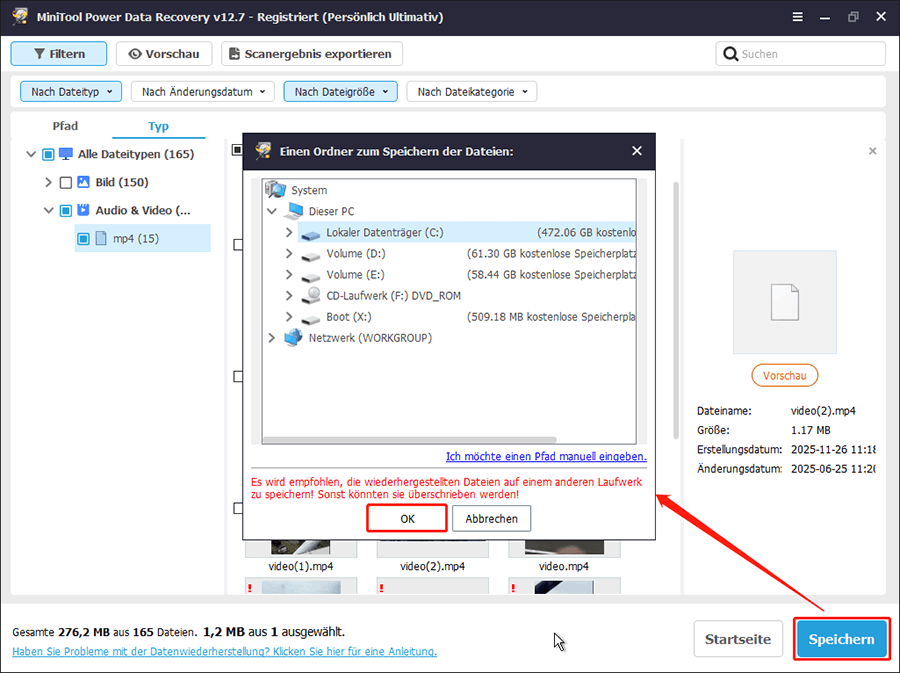 Speichern der gewünschten Dateien in MiniTool Power Data Recovery.