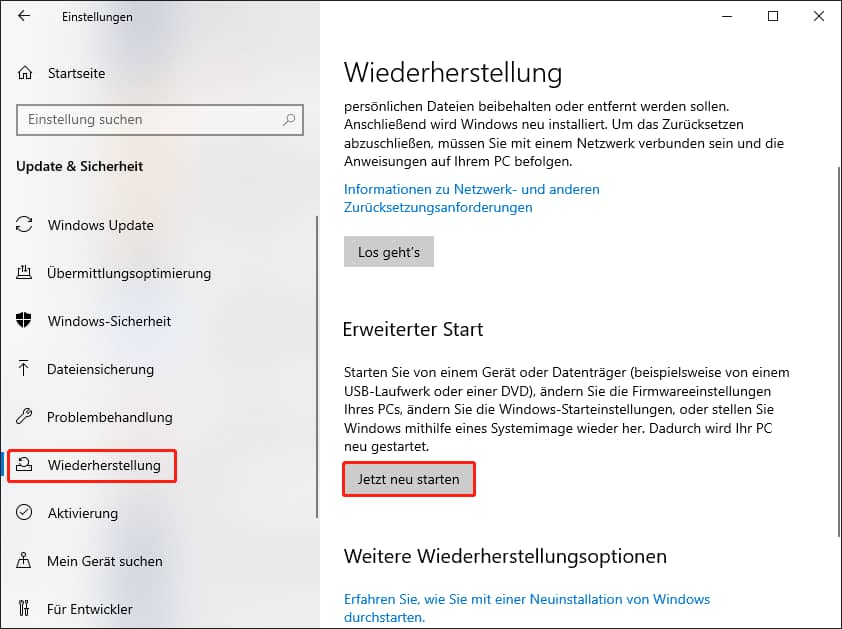 Screenshot des erweiterten Windows-Starts über die Einstellungen