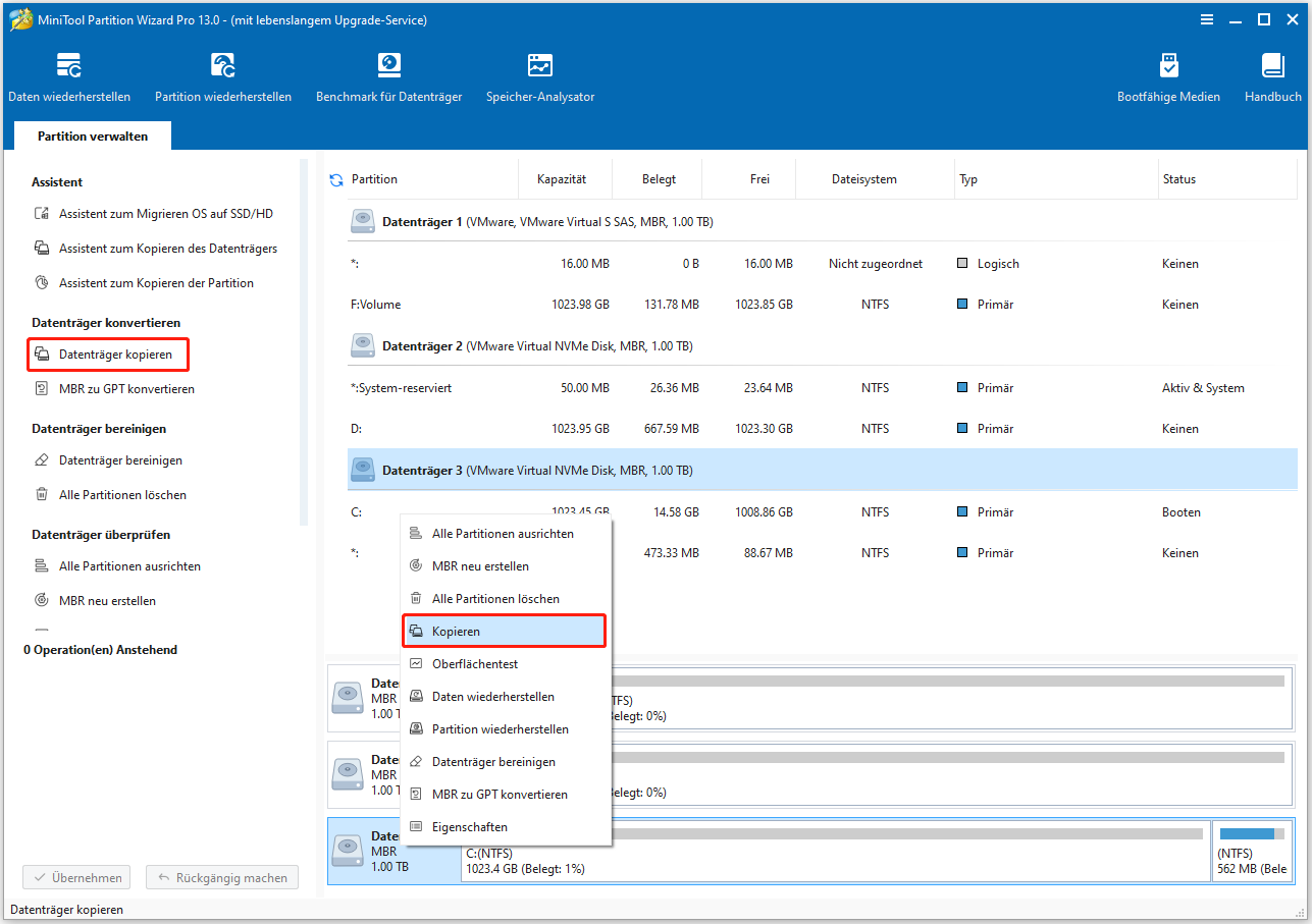 Klicken Sie in MiniTool Partition Wizard auf die Funktion Kopieren.