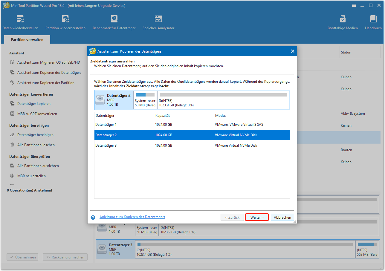 Wählen Sie eine Zielfestplatte in MiniTool Partition Wizard