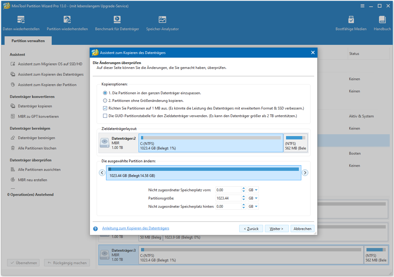 Wählen Sie eine Kopieroption in MiniTool Partition Wizard