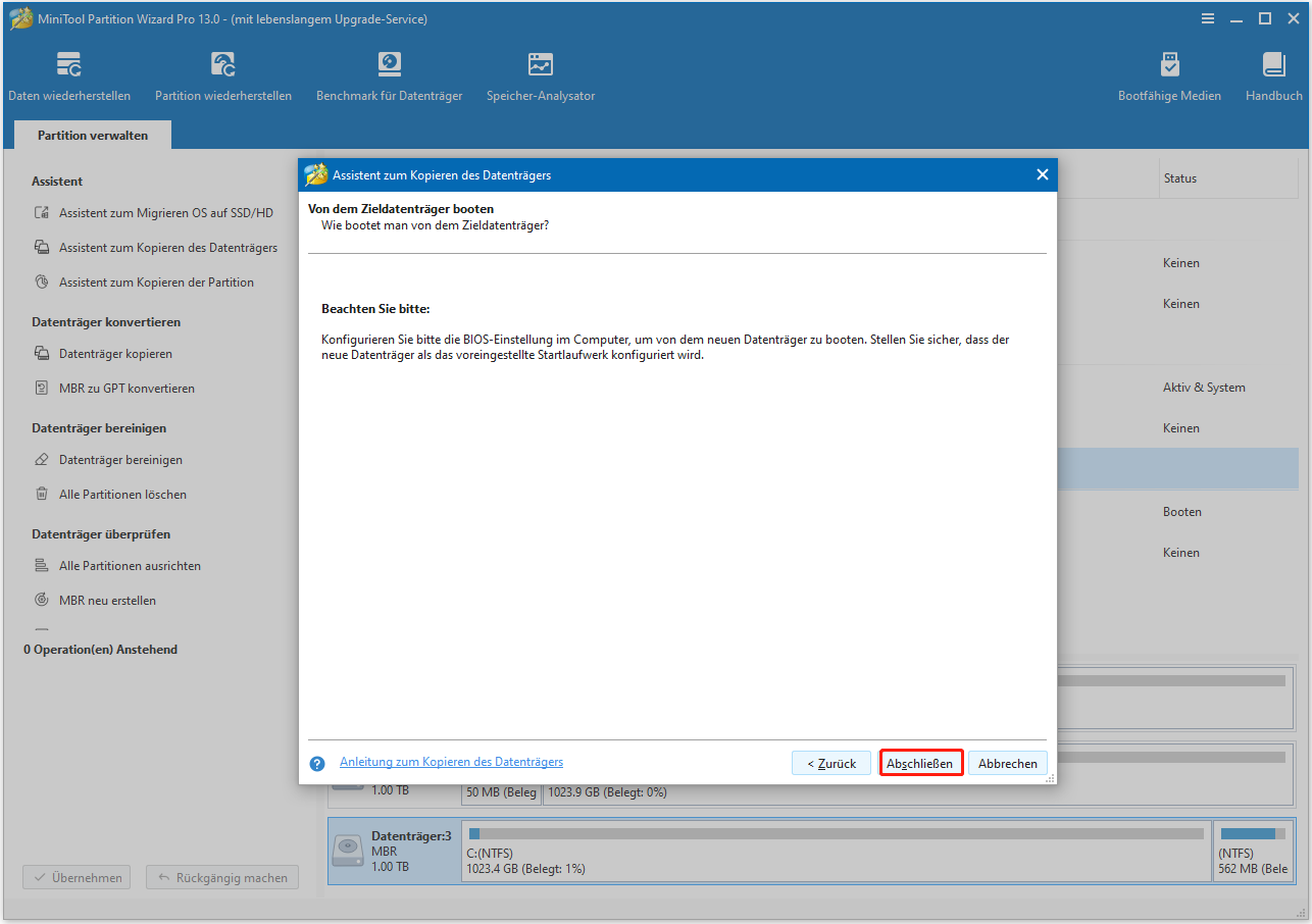 Klicken Sie in MiniTool Partition Wizard auf Abschließen.