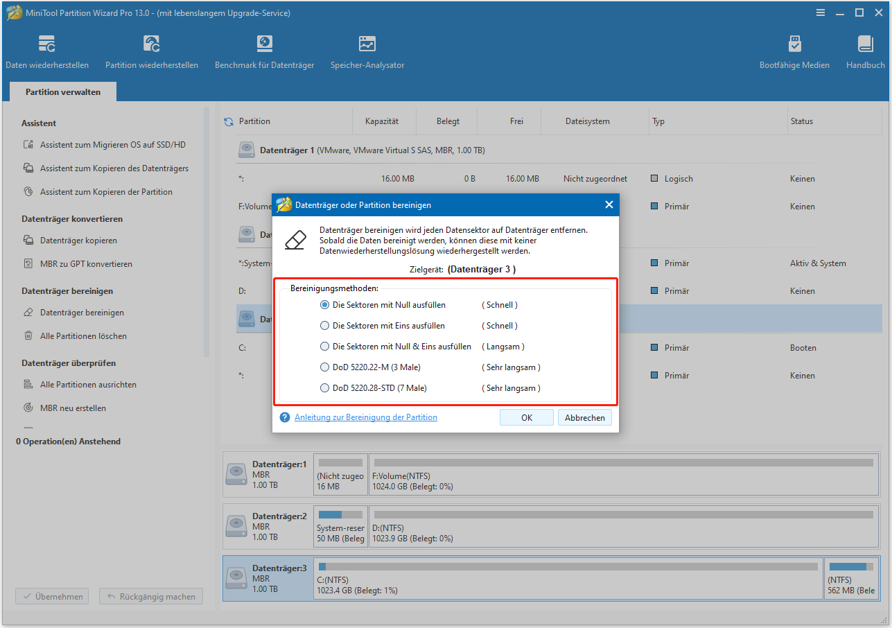 Klicken Sie in MiniTool Partition Wizard auf Datenträger bereinigen.