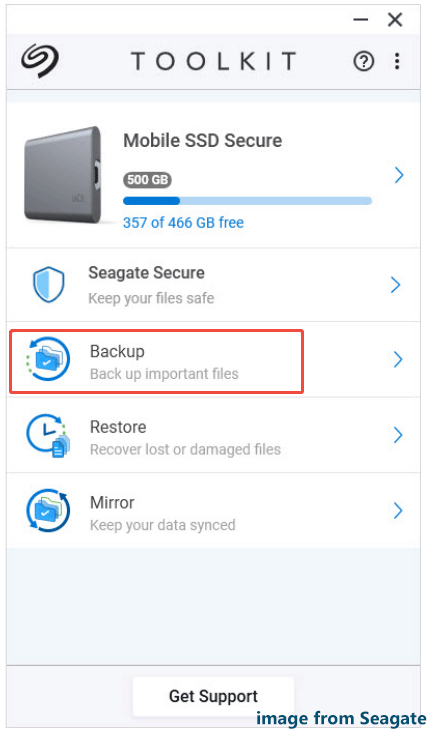 auf der Startseite von Seagate Toolkit auf „Sichern“ klicken