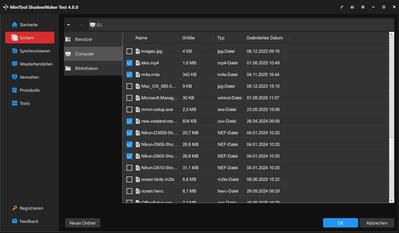 zu sichernde Dateien und Ordner in MiniTool ShadowMaker auswählen