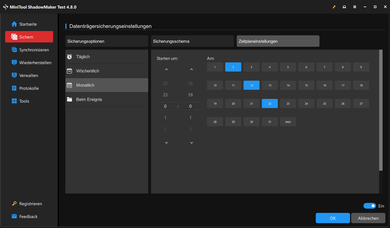 Zeitplaneinstellungen in MiniTool ShadowMaker aktivieren