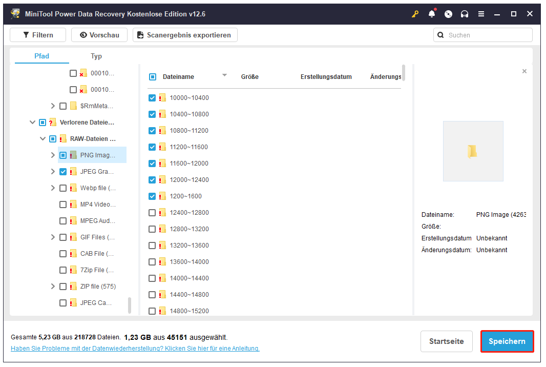 benötige Dateien in MiniTool Power Data Recovery markieren und speichern