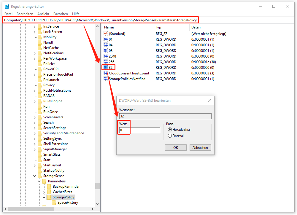 Wert von 32 im Registrierungs-Editor auf „0“ ändern