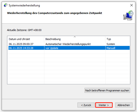 einen anderen Wiederherstellungspunkt auswählen