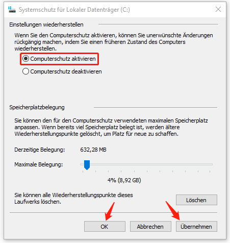 „Computerschutz aktivieren“ markieren und die Änderung mit „Übernehmen“ speichern