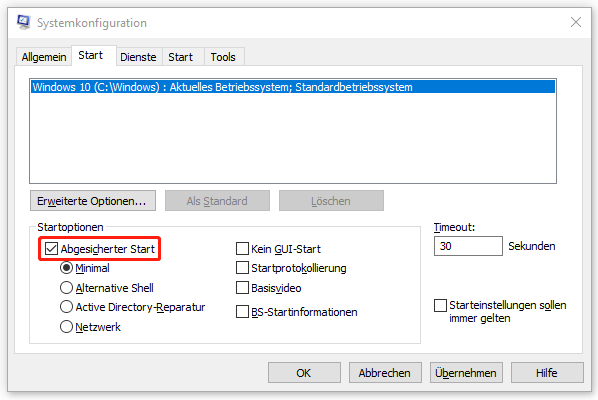 „Abgesicherter Start“ im Fenster „Systemkonfiguration“ aktivieren
