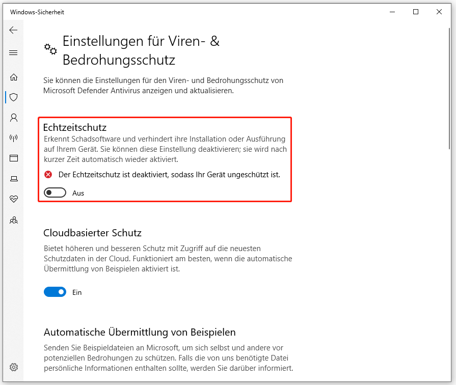 Echtzeitschutz in der Windows-Sicherheit deaktivieren