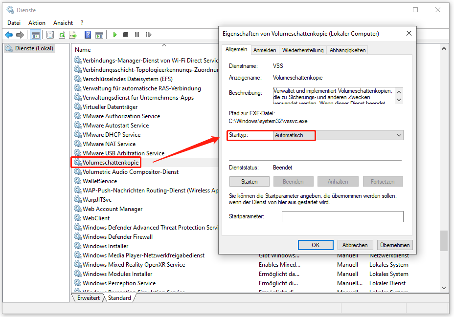 Auf Volumeschattenkopie-Dienst doppelklicken und den Starttyp auf „Automatisch“ ändern