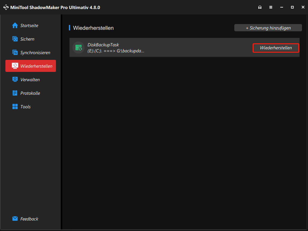 zur Wiederherstellung aus dem Backup klicken Sie in MiniTool ShadowMaker auf „Wiederherstellen“ neben der Sicherungsdatei
