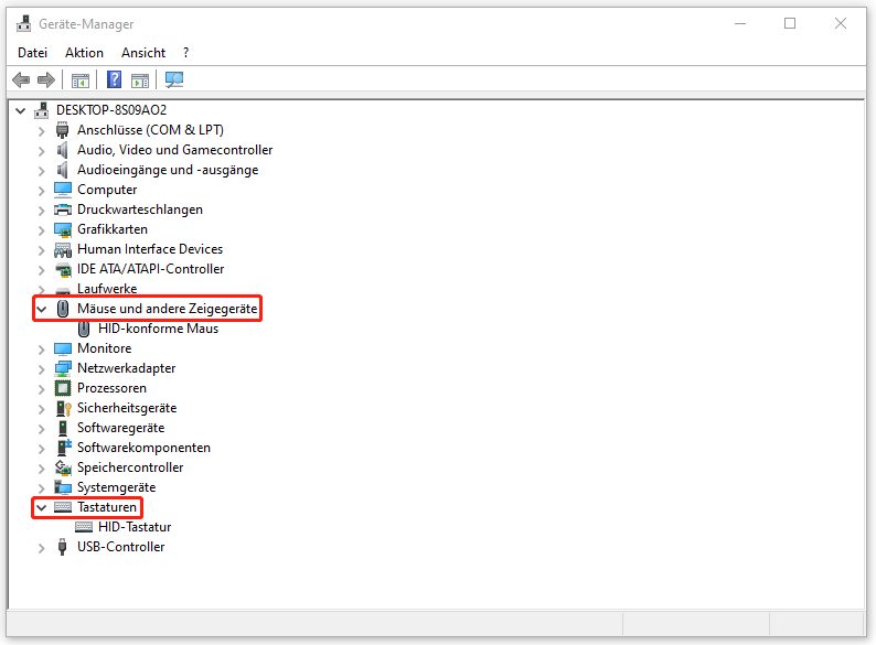 „Tastaturen“ oder „Mäuse und anderer Zeigegeräte“ im Geräte-Manager erweitern