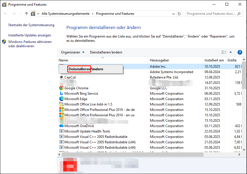 Suchen Sie nun nach Riot Vanguard in der Liste der installierten Programme, klicken Sie mit der rechten Maustaste darauf und wählen Sie Deinstallieren.