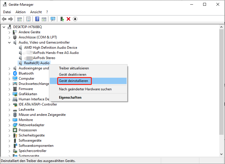 Klicken Sie auf Realtek Audio-Treiber und wählen Sie Gerät deinstallieren aus